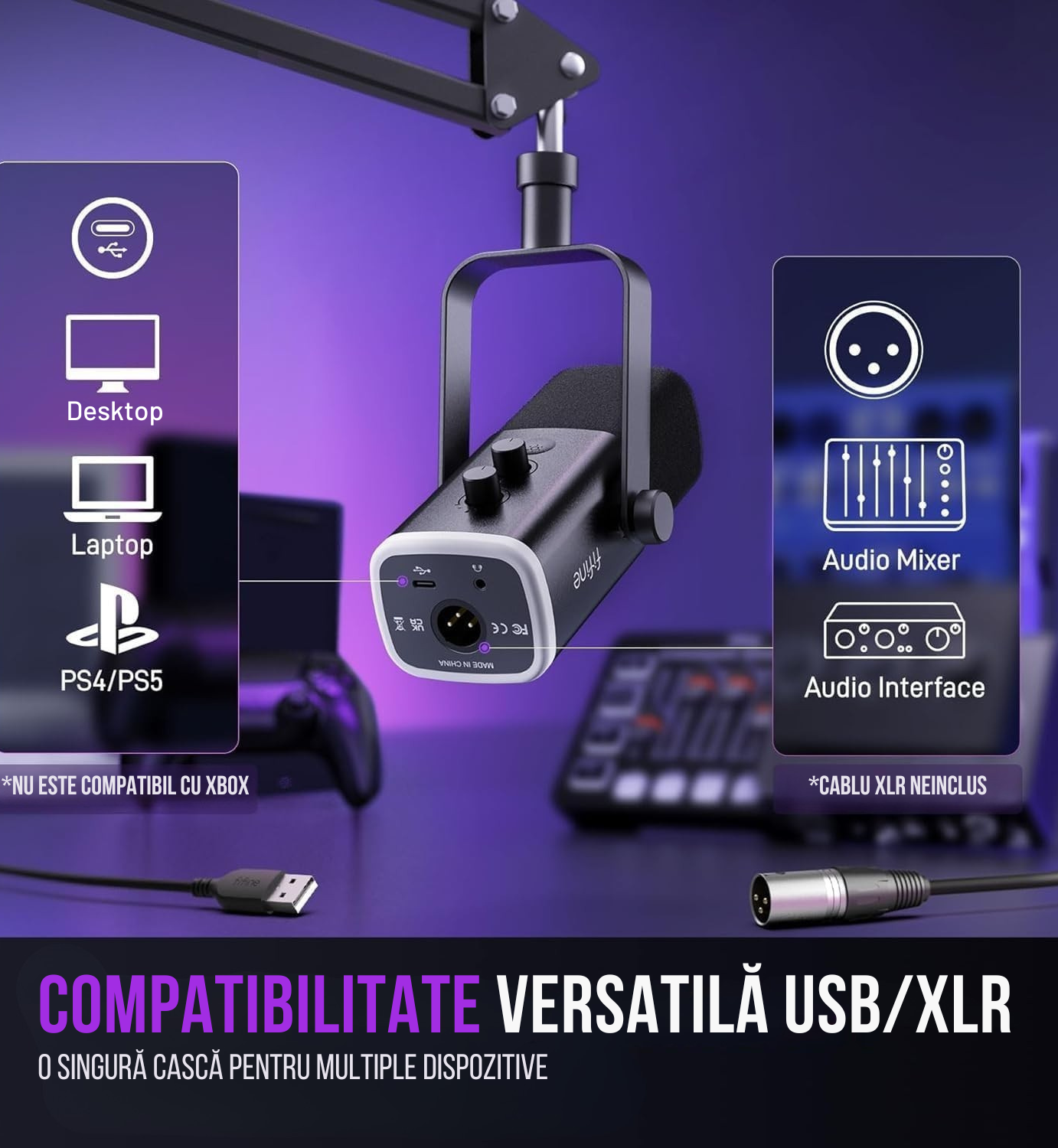 Kit Microfon Profesional FIFINE AM8 – Gaming, Podcasting, Streaming, USB & XLR, Iluminare RGB, Braț Reglabil