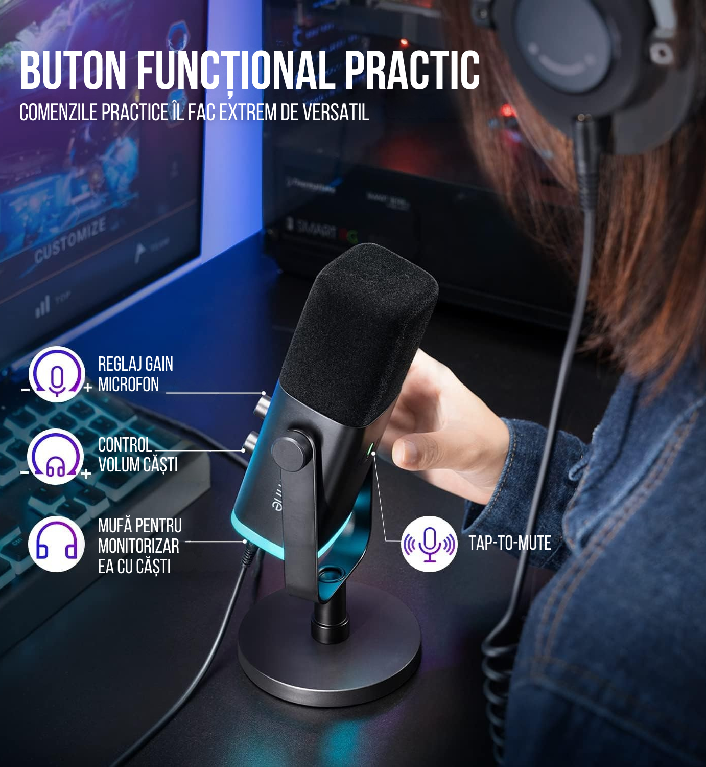 Microfon Profesional FIFINE AM8 – Gaming, Podcasting, Streaming, USB & XLR, Iluminare RGB