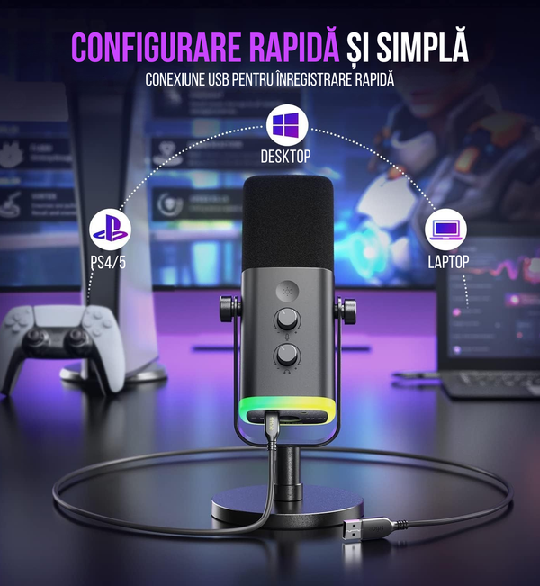 Microfon Profesional FIFINE AM8 – Gaming, Podcasting, Streaming, USB & XLR, Iluminare RGB