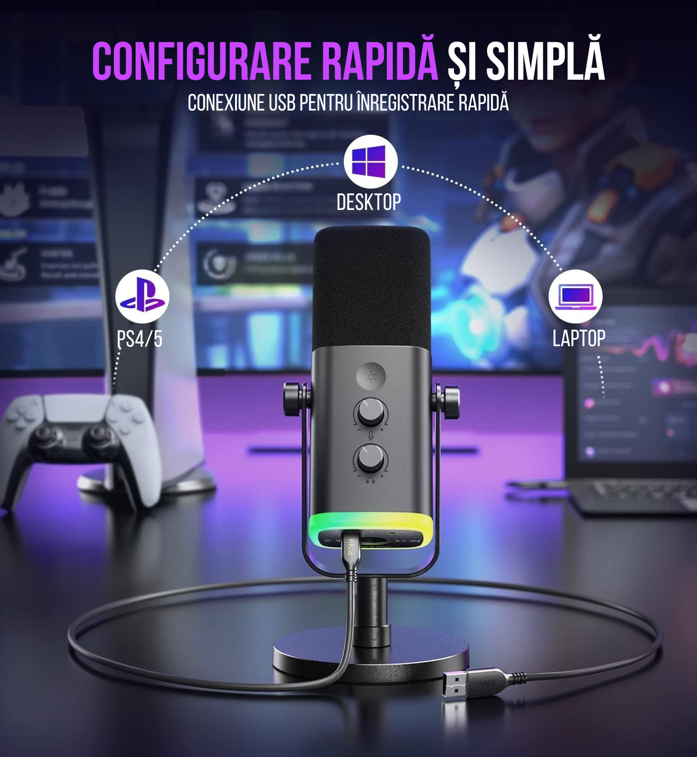 Microfon Profesional FIFINE AM8 – Gaming, Podcasting, Streaming, USB & XLR, Iluminare RGB