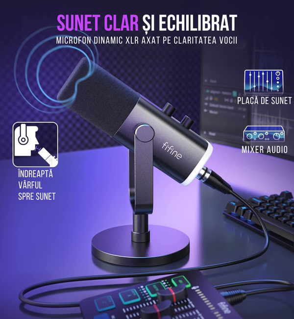 Microfon Profesional FIFINE AM8 – Gaming, Podcasting, Streaming, USB & XLR, Iluminare RGB