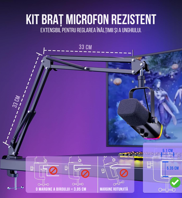 Kit Microfon Profesional FIFINE AM8 – Gaming, Podcasting, Streaming, USB & XLR, Iluminare RGB, Braț Reglabil