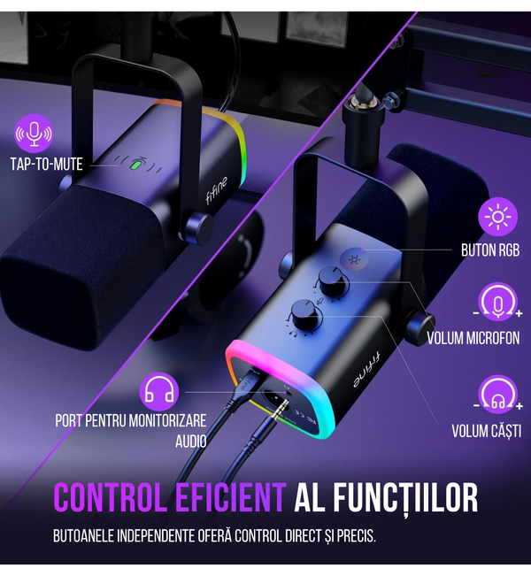 Kit Microfon Profesional FIFINE AM8 – Gaming, Podcasting, Streaming, USB & XLR, Iluminare RGB, Braț Reglabil