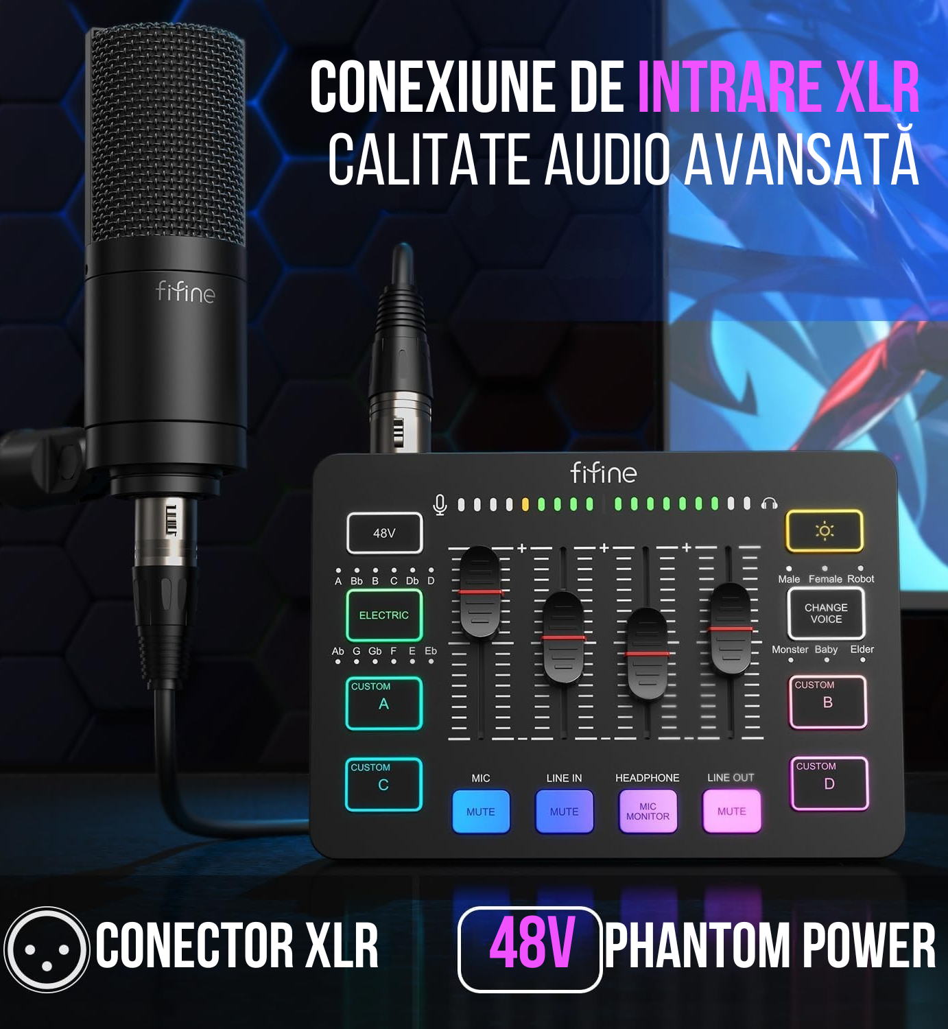 Mixer Audio FIFINE SC3 – XLR, RGB, 48V Phantom, Gaming, Streaming & Podcast